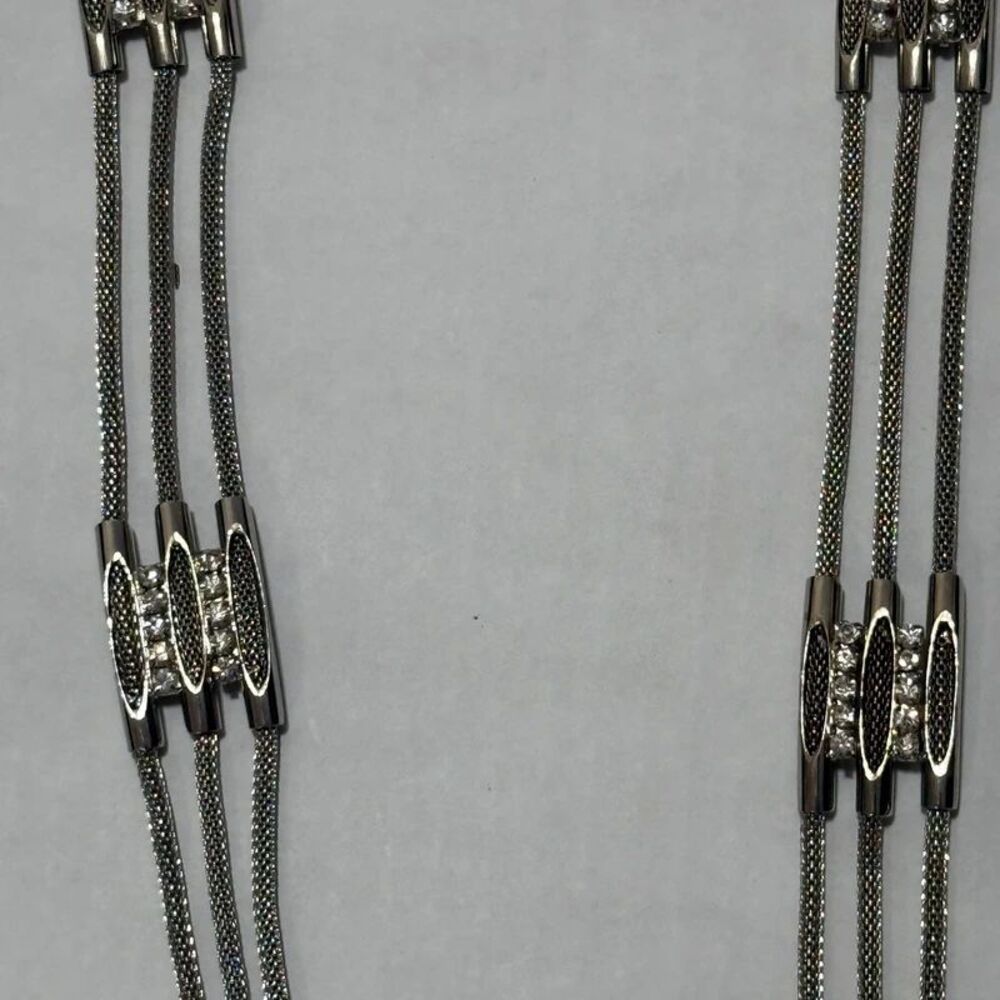 Y2K Silver Mesh Chain Rhinestone Hip Belt Triple Strand Extender Statement Piece